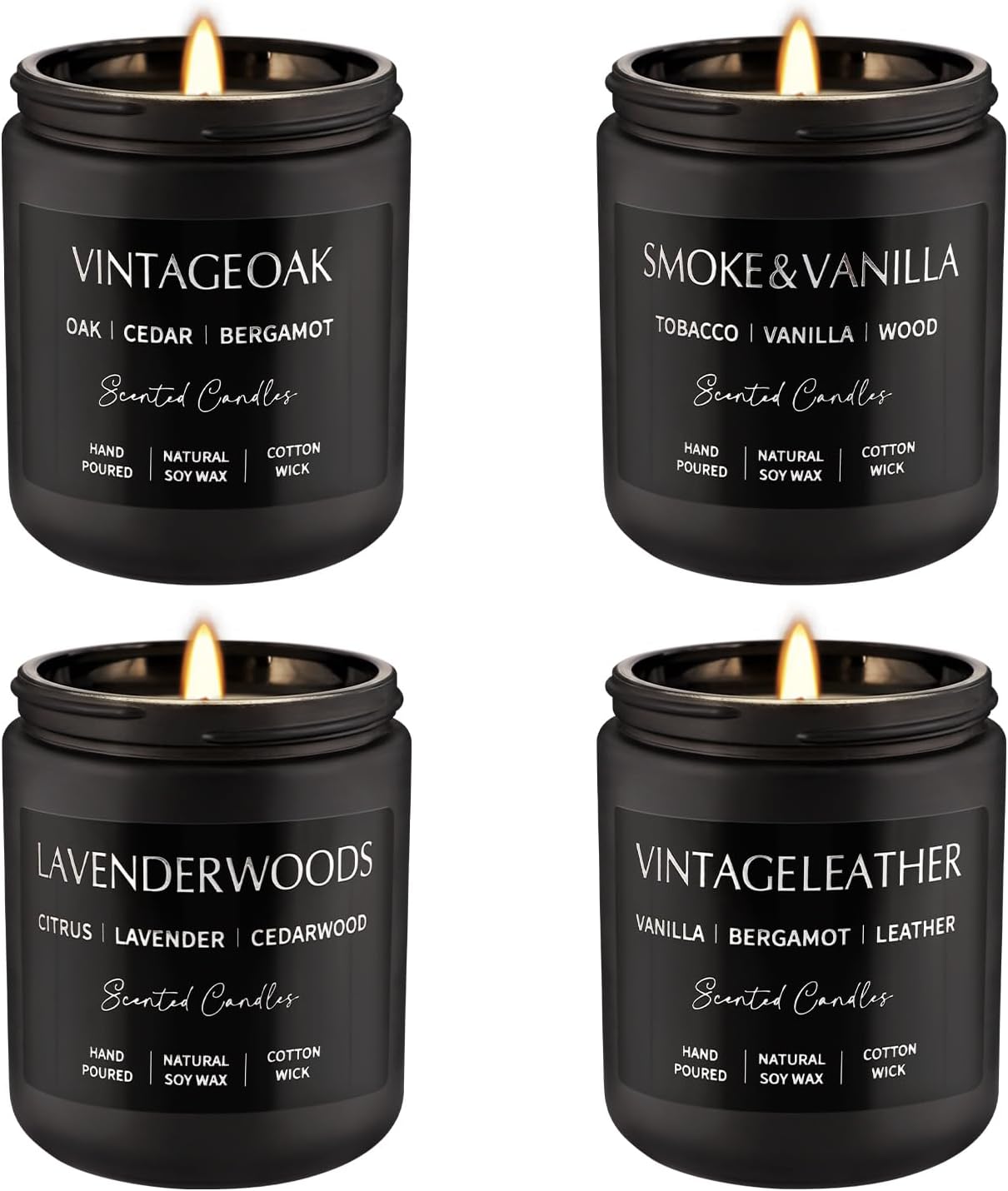 Scented Candles Gift Set - 4 Pack (7oz Each) Soy Wax Aromatherapy Candles with Essential Oils, Smokeless - Leather & Smoke, Vanilla Oakmoss, Lavender for Office, Gifts