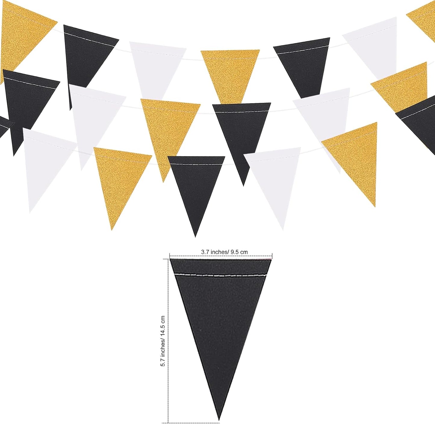 MerryNine Triangle Flag Bunting Banner, 3 Pack 30 Feet Vintage Style Pennant Banner for Wedding, Baby Shower, Event & Party Supplies 45pcs Flags (Triangle Flag - Black White Gold Glitter)