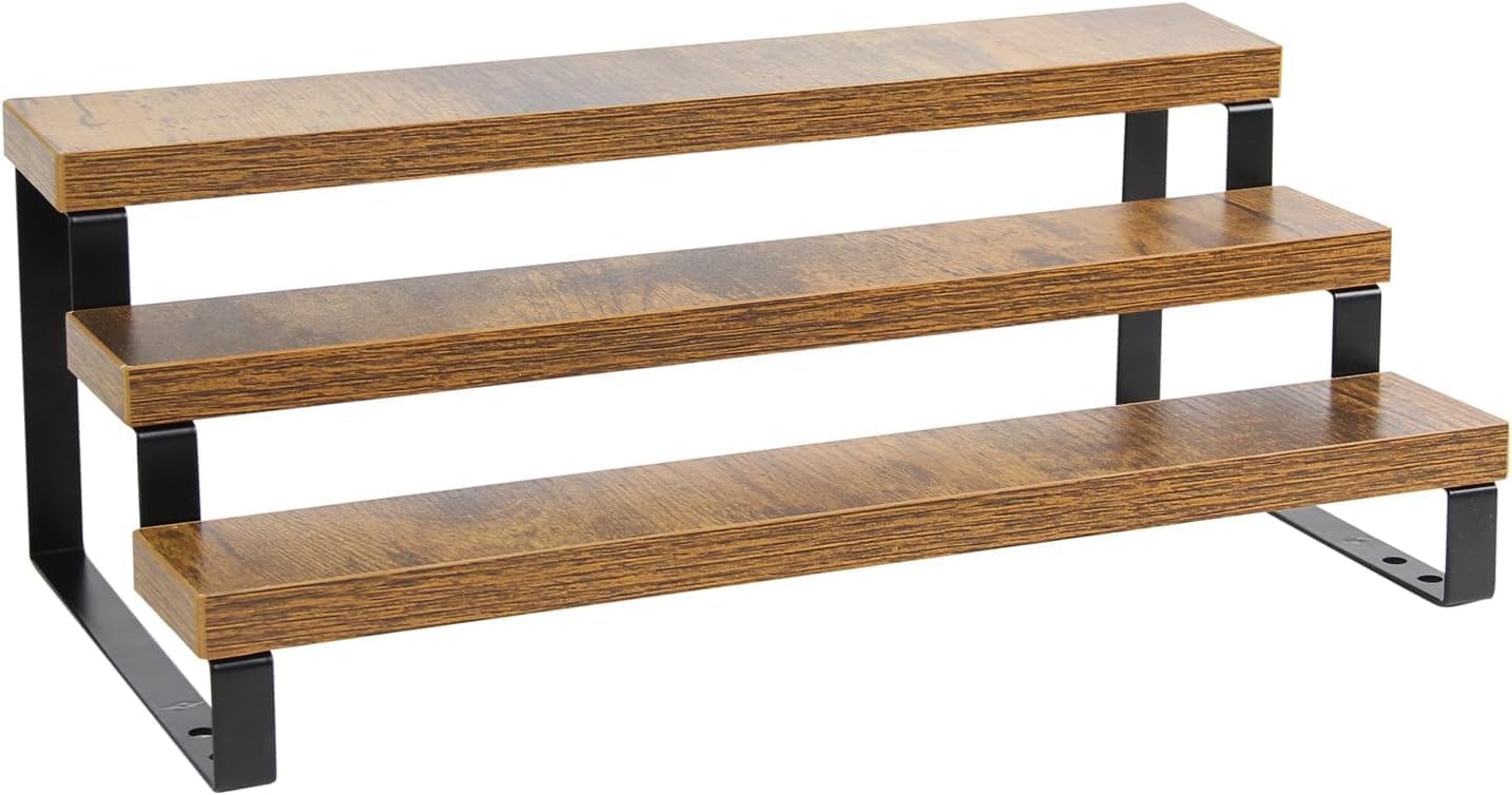 4-Tier Wooden Display Riser Shelf Stand for, Makeup, Cupcake, Condiment & Dolls Collection Home Decor Organizer, Expandable for Pantry/Counter (Brown, 3-Tier)