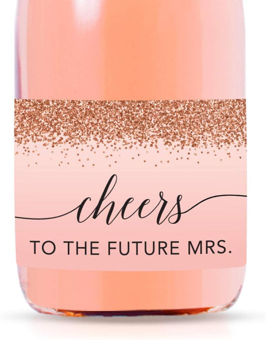 Andaz Press Mini Champagne Wine Bottle Labels, Cheers! to The Future Mrs., Blush Pink Faux Rose Gold Glitter, 20-Pack, Bridesmaid Champagne Label Mini Champagne Bottle Labels Bridal Shower