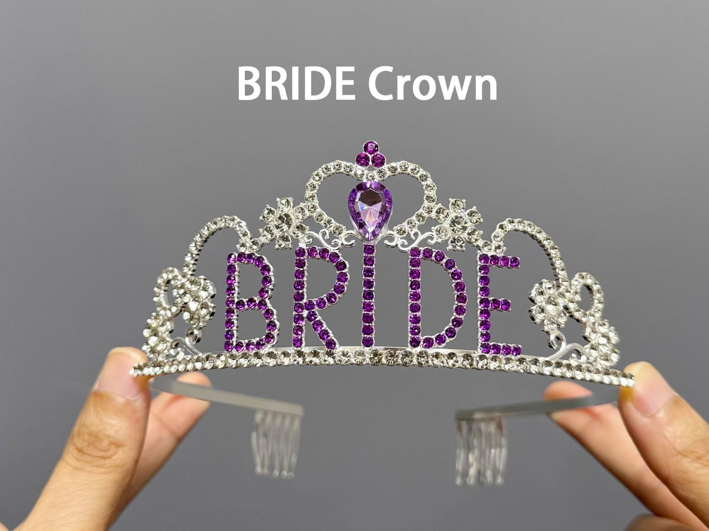 JETKONG 3 Pcs Bachelorette Party Decorations "BRIDE" Crown, Bride to Be Sash&Veil for Women Bachelorette Party Gifts, Bridal Shower Supplies, Gifts, Favors (Purple)