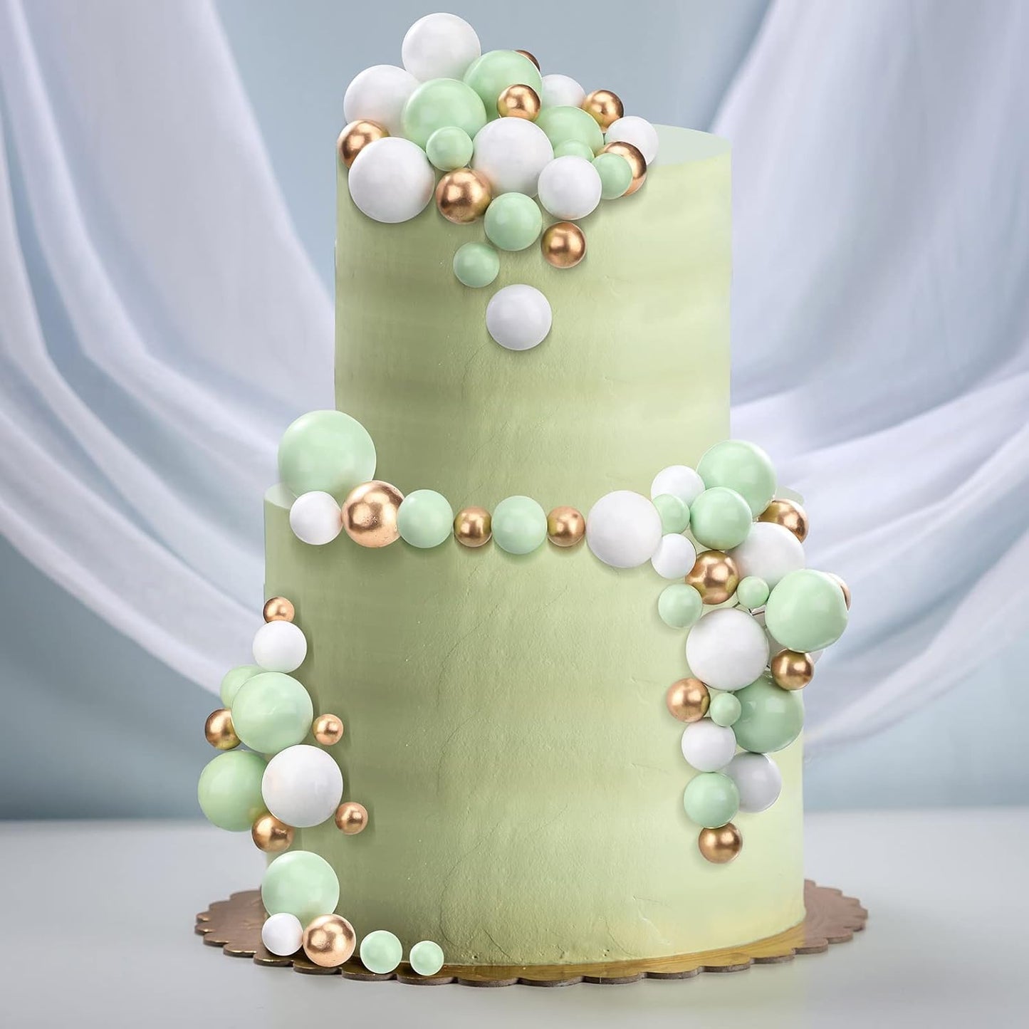 108 Pcs Balls Cake Topper DIY Cupcake Insert Foam Balloons for Cake Baking Wedding Anniversary Birthday Decoration(White, Green, Gold,Multi Sizes)