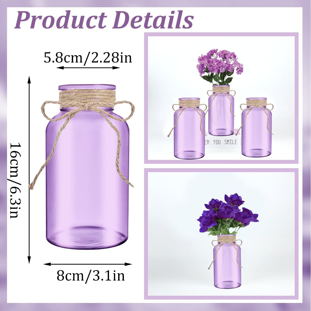 Vintage Glass Flower Vase，12 Pack Farmhouse Purple Glass Centerpiece Vases Mason Jars for Weddings, Parties & Home Decor Bulk (12, Purple)