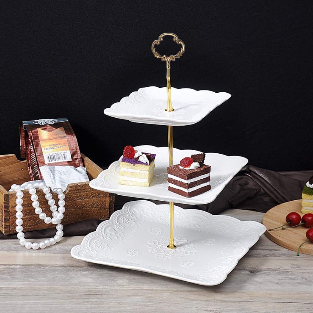 Sumerflos 3 Tier Porcelain Cupcake Stand, Tiered Serving Cake Stand, Square White Embossed Dessert