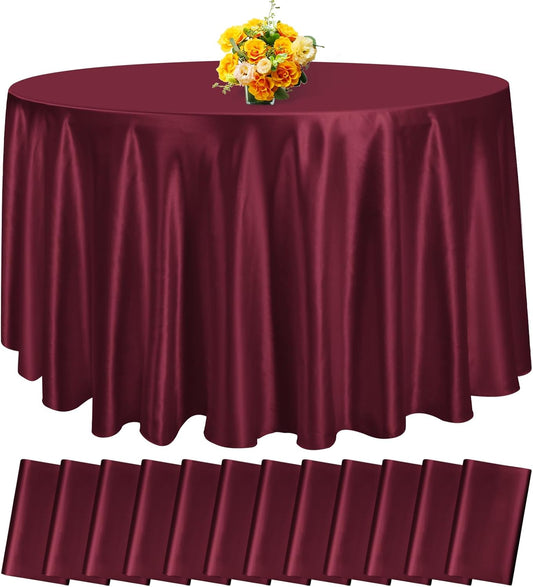 12 Pack 108 Inch Burgundy Satin Tablecloth - Silky Round Tablecloth Overlay Smooth Fabric Table Cover, Bright Table Decoration for Wedding Party Banquet Events Restaurant Kitchen Dining
