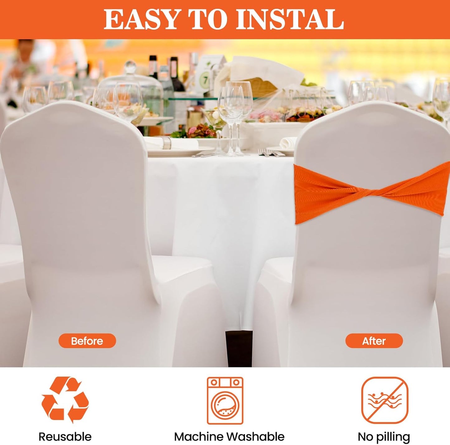 Kinlop 50 Pcs Spandex Chair Sashes Bows Chair Bands Slider Sashes for Covers Elastic Bands Ties Without Buckle Decorations for Wedding Party Events Ceremony Birthday(Orange)