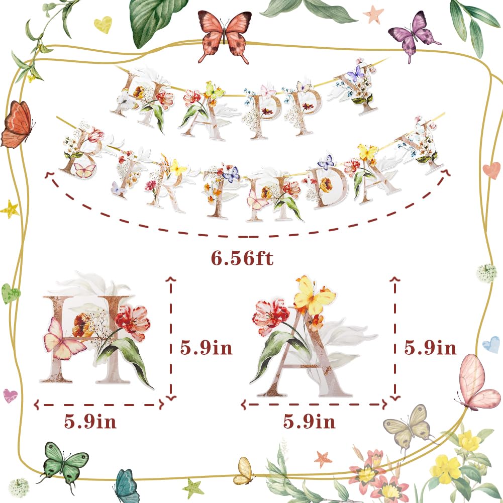 Flower Butterfly Happy Birthday Banner, Boho Groovy Floral Birthday Sign