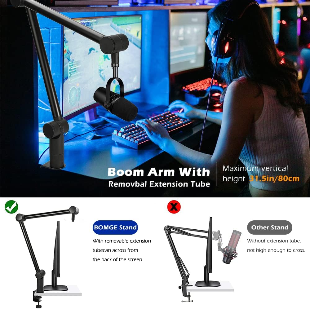BOMGE Boom Arm Mic Stand - Adjustable Heavy Duty Suspension Boom Scissor Arm Stand with Cable Management Channels, Desk Clamp for Podcasts, Streaming, Gaming, Home Office, Recording (Black)