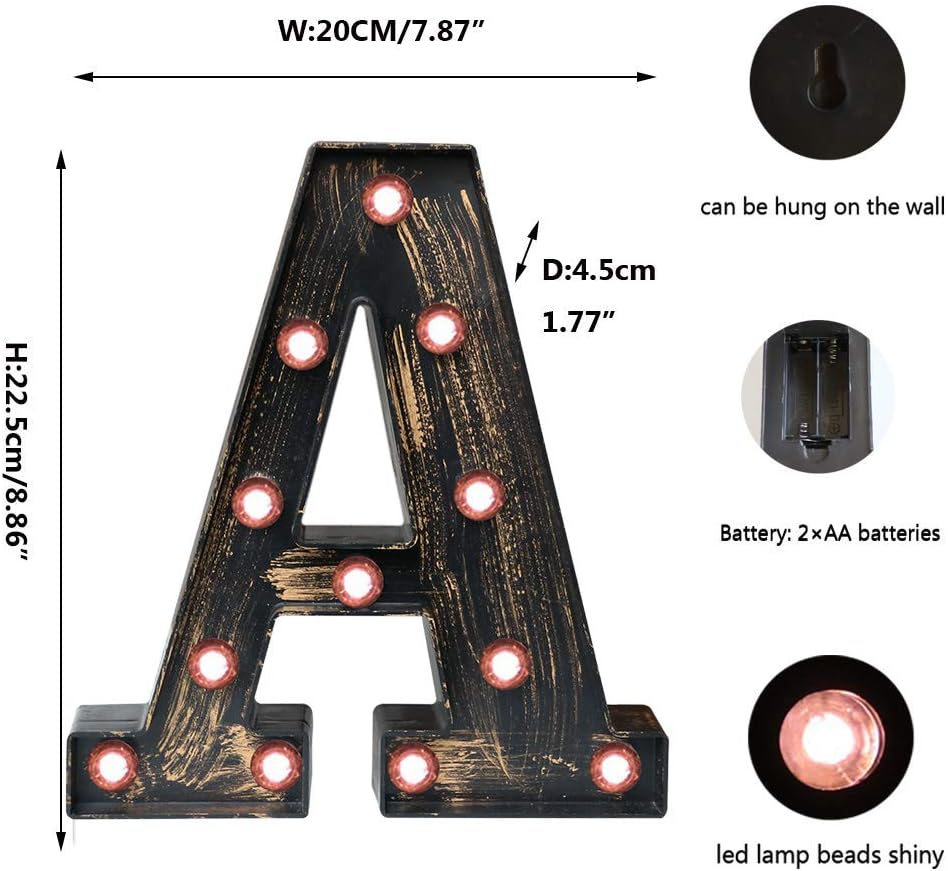 OYCBUZO Golden Black Led Marquee Letter - Industrial, Vintage Style Light Up Alphabet Letter Sign for Cafe Wedding Birthday Party Christmas Lamp Home Bar Initials Decor - A