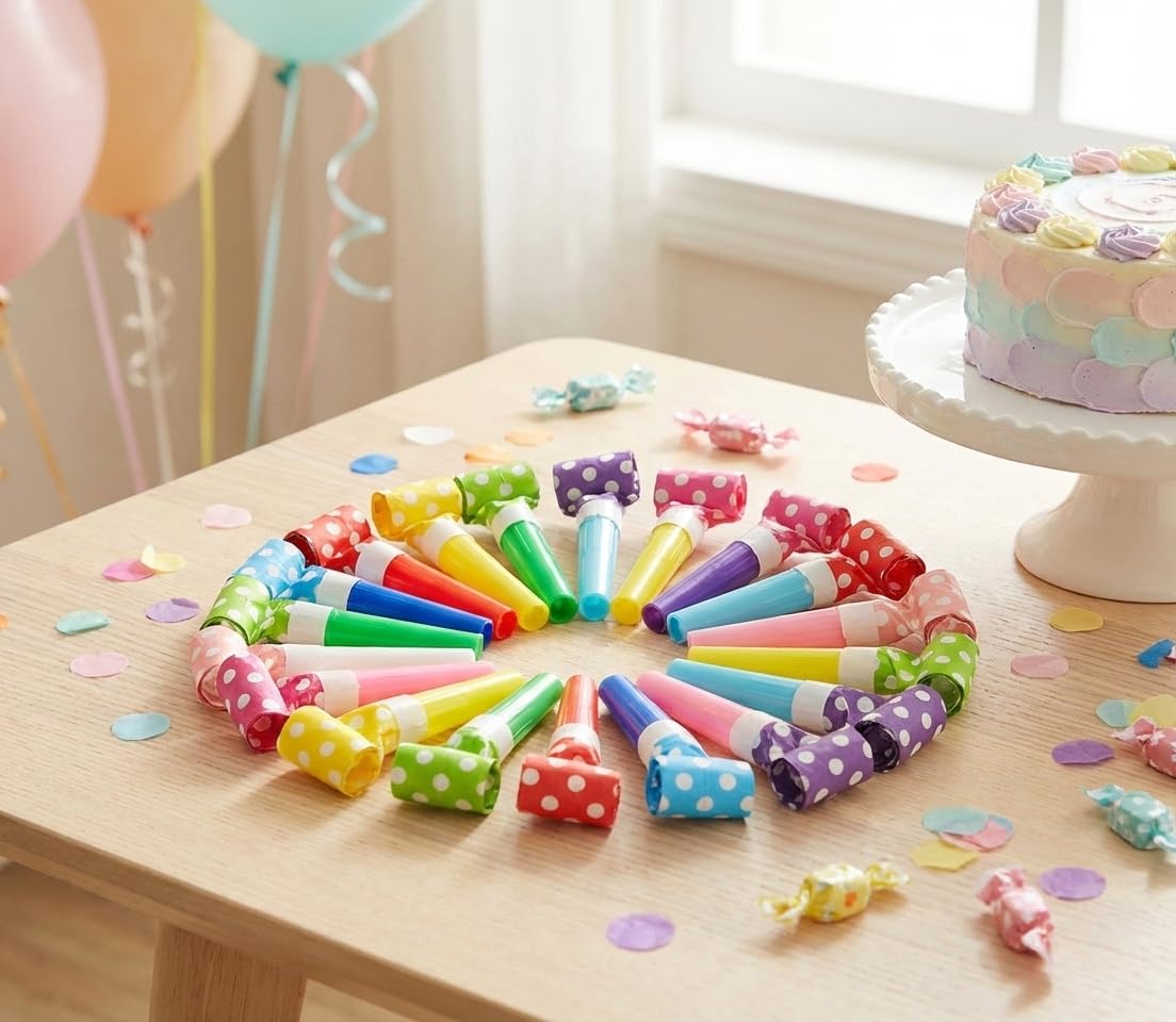 25 Pack Assorted Color Polka Dot Noise Makers, Party Blowers, Party Horns