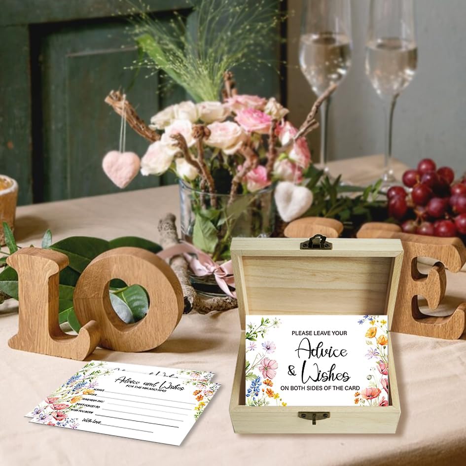 50Pcs Flower Wedding Advice Cards for Bridal Shower Games, Wildflower Advice and Wish Cards Box for The Mr And Mrs Bridal Shower Decorations