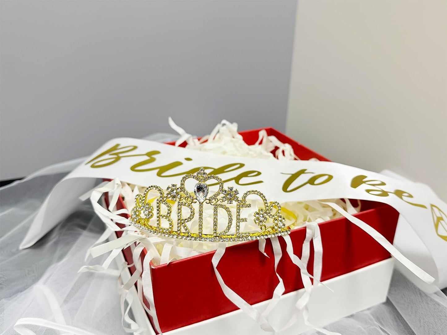 JETKONG 3 Pcs Bachelorette Party Decorations "BRIDE" Crown, Bride to Be Sash&Veil for Women Bachelorette Party Gifts, Bridal Shower Supplies, Gifts, Favors (Gold)