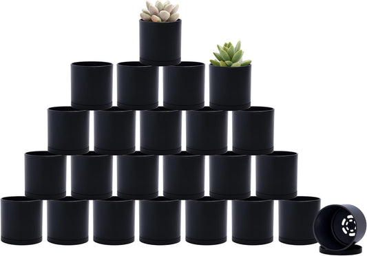 D'vine Dev 24 Pack 2 Inch Mini Plastic Plant Pots, Small Garden Planters for Plant with Drainage Holes and Saucers, Black Color, 74-Y-A-6