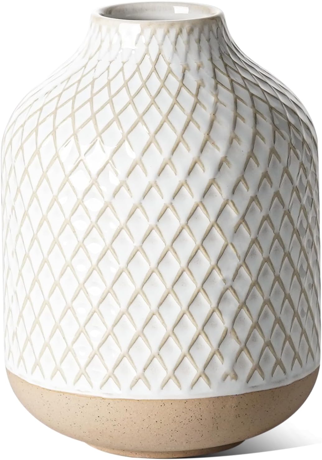 Small Boho Vase for Decor,Rustic Farmhouse Vase for Pampas Grass,Eucalyptus Set and Tiny Stem Flowers,Ceramic Vintage for Centerpieces, 5.3 Inch -Rhombus, Embossment