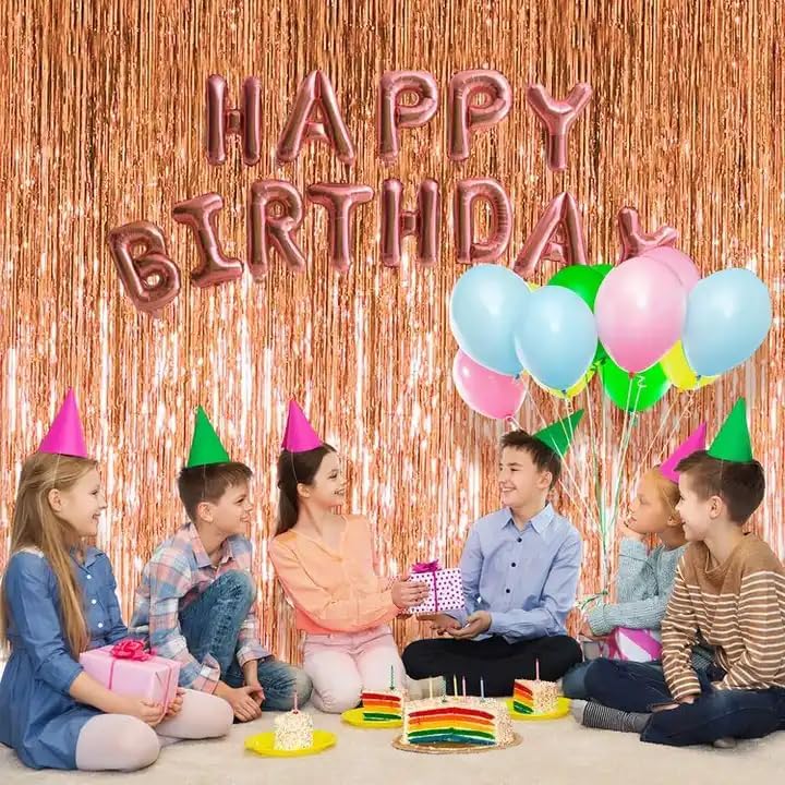 QRabbit 4 Pack Foil Fringe Backdrop Curtains, Rose Gold Party Streamers Photo Booth Props for Birthday Graduation Engagement Wedding Baby Shower Christmas Party Decorations