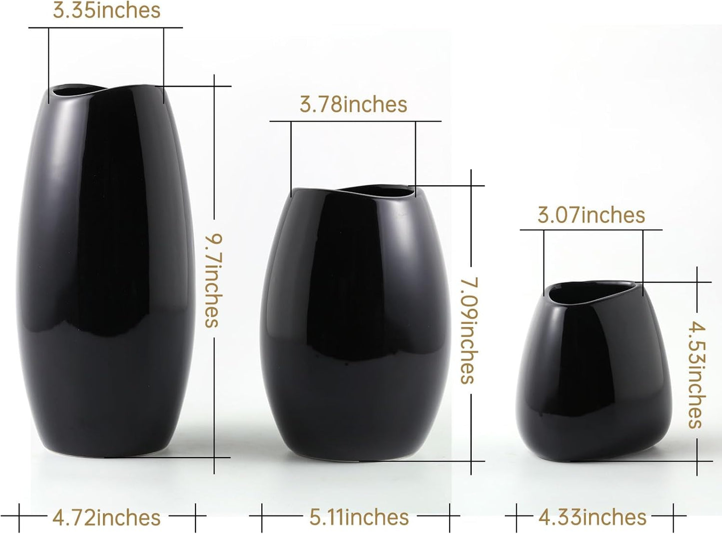 hjn Ceramic Vase Set of 3 Black Flower Vase for Home Decor, Modern Decorative Vase for Flowers/Ideal Shelf Decor/Table/Living Room/Kitchen/Office-Black