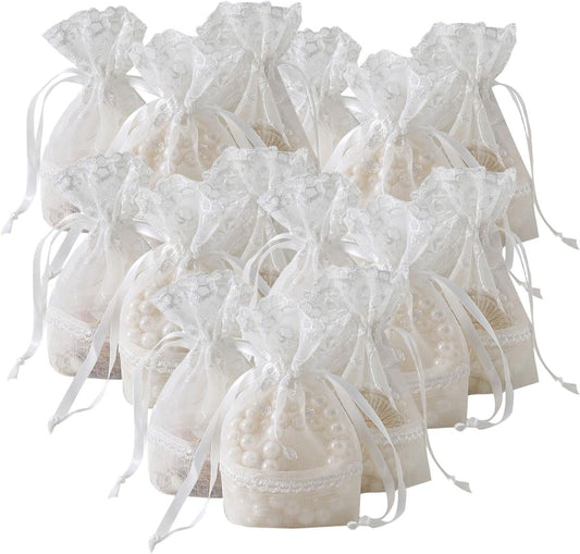 Ewanda store 20Pcs Lace Organza Drawstring Bags Five Petal Flower White Lace Bag for Wedding Christmas Birthday Party Favors Jewelry Pouches