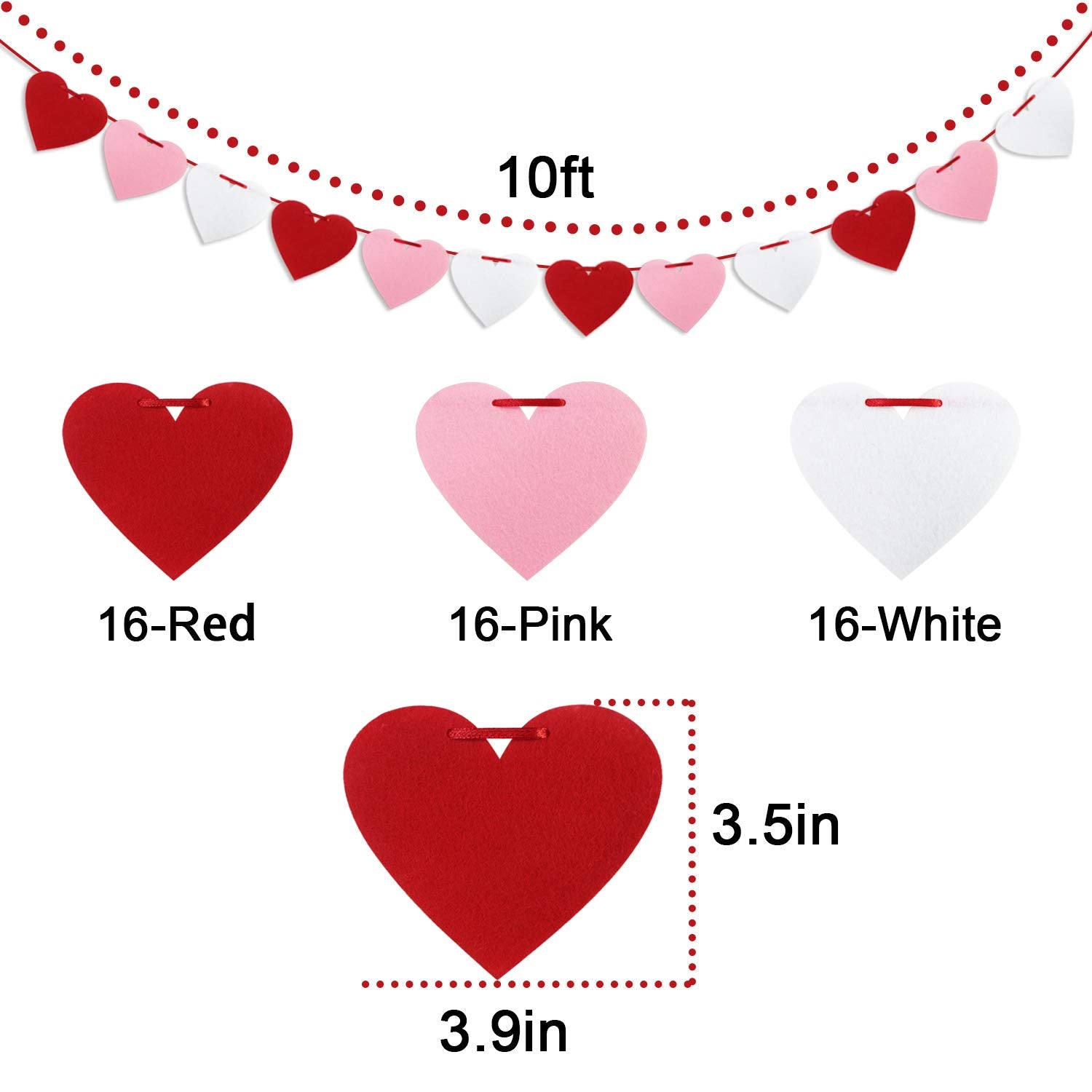 Felt Heart Garland Banner, Pre-Strung | Valentines Decorations | Red Pink White Valentines Banner |