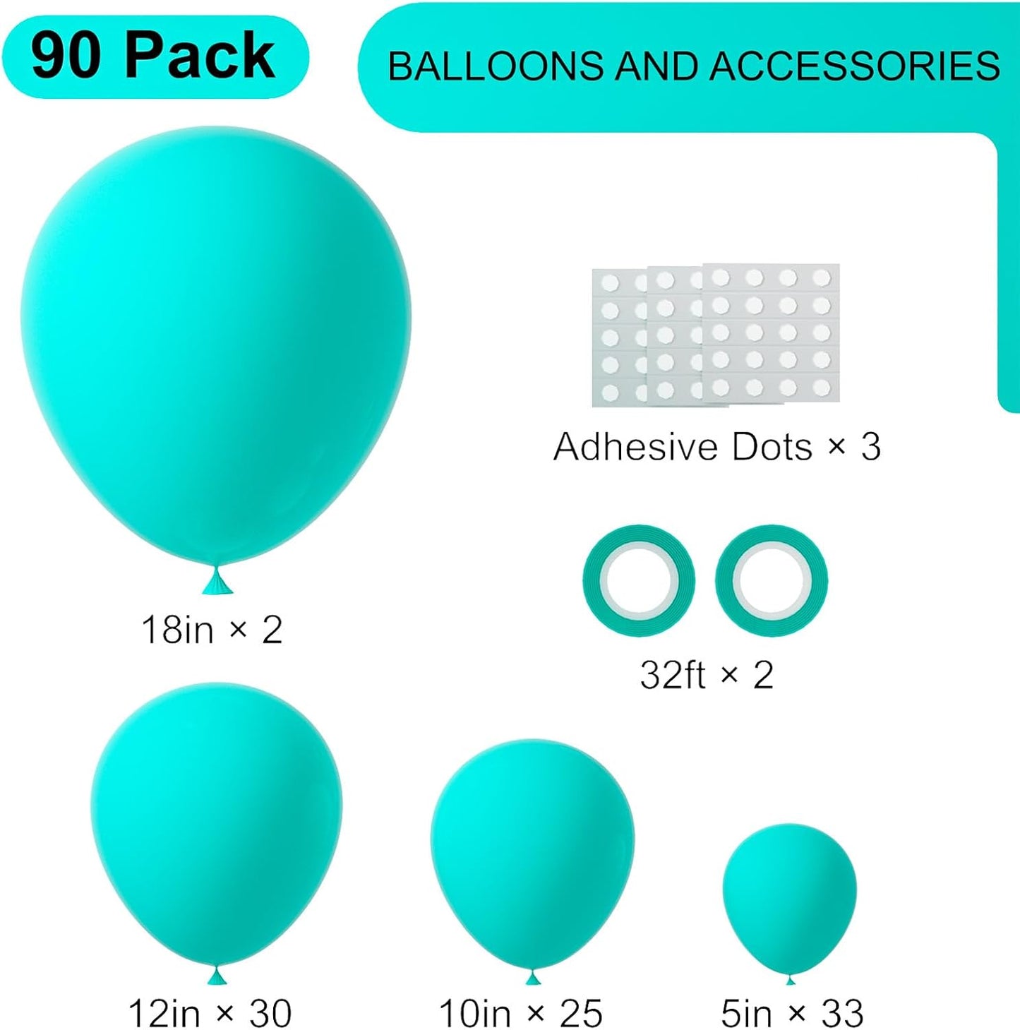 90pack Teal Balloons Different Size 18/12/10/5 Inch Teal Balloon Garland Arch Kit for Graduation, Wedding, Birthday, Baby Shower, Anniversary Party Decorations