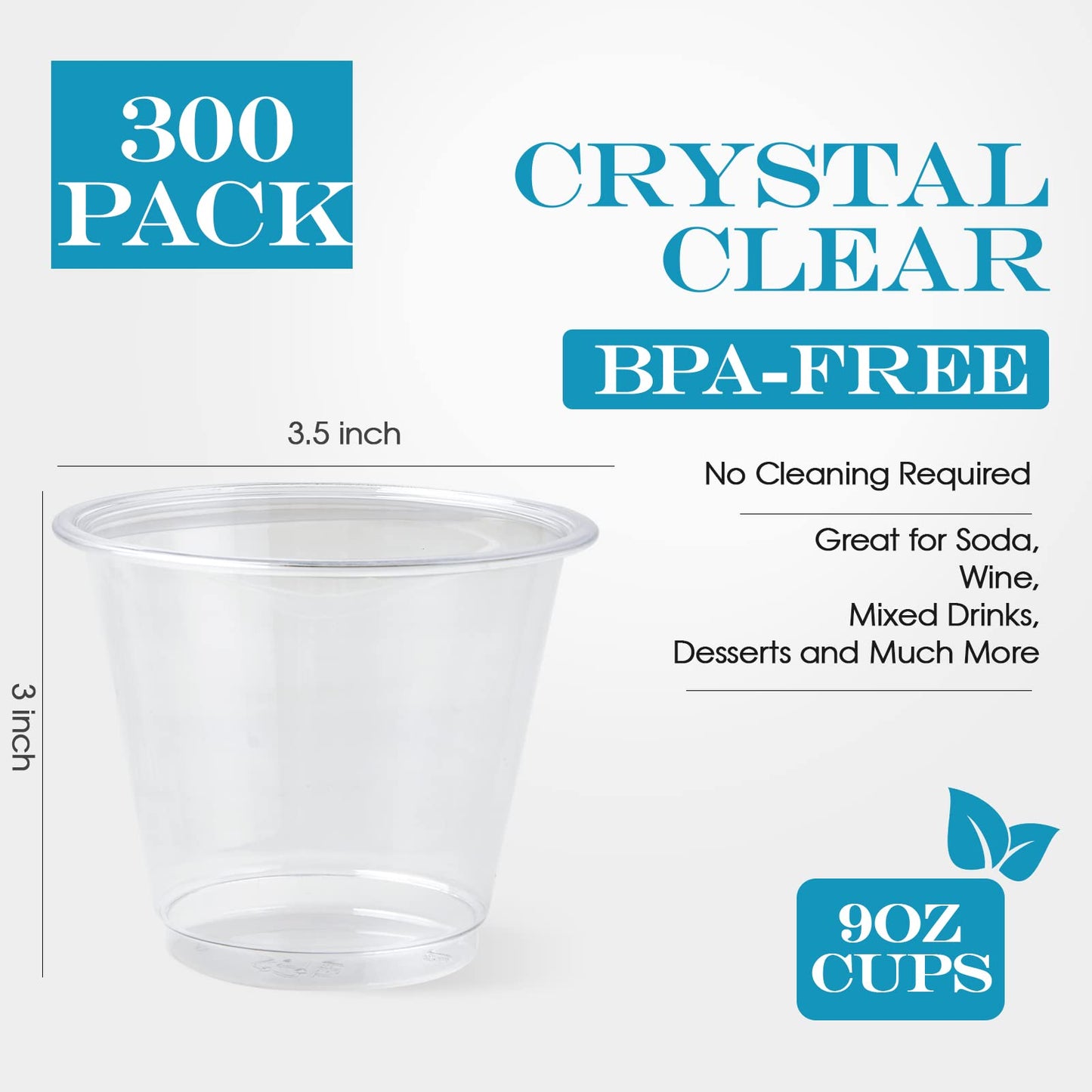 Turbo Bee 300 Pack 9oz Clear Plastic Cups,Disposable Crystal Drinking Cups,PET Plastic Party Cups