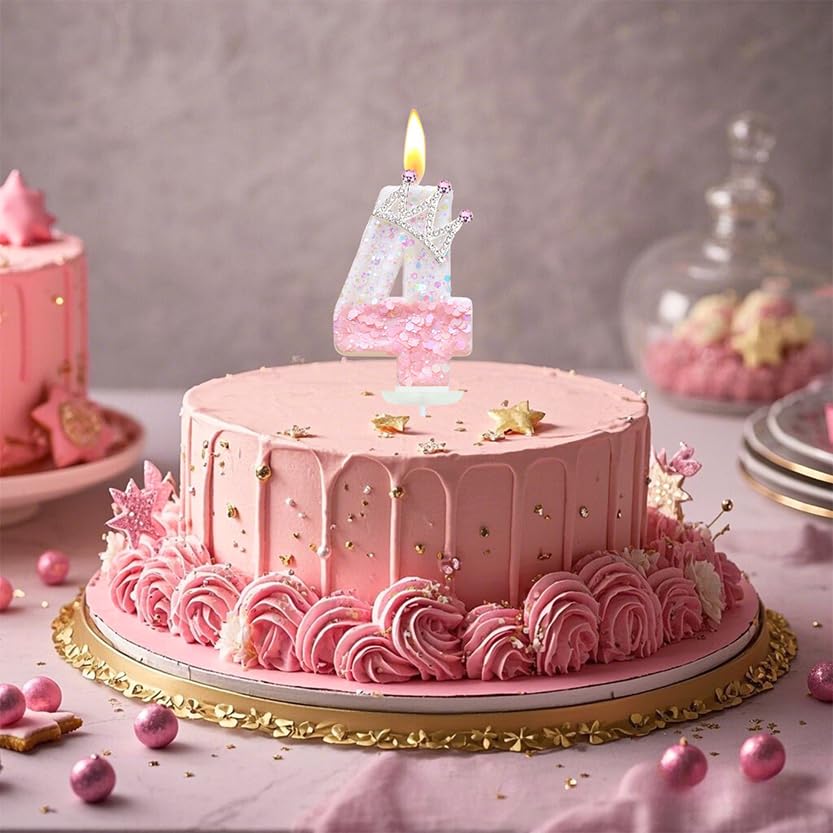 Pink Birthday Number 4 Candle for Cake, Pink Crown Cake Topper Princess Birthday Party Decorations