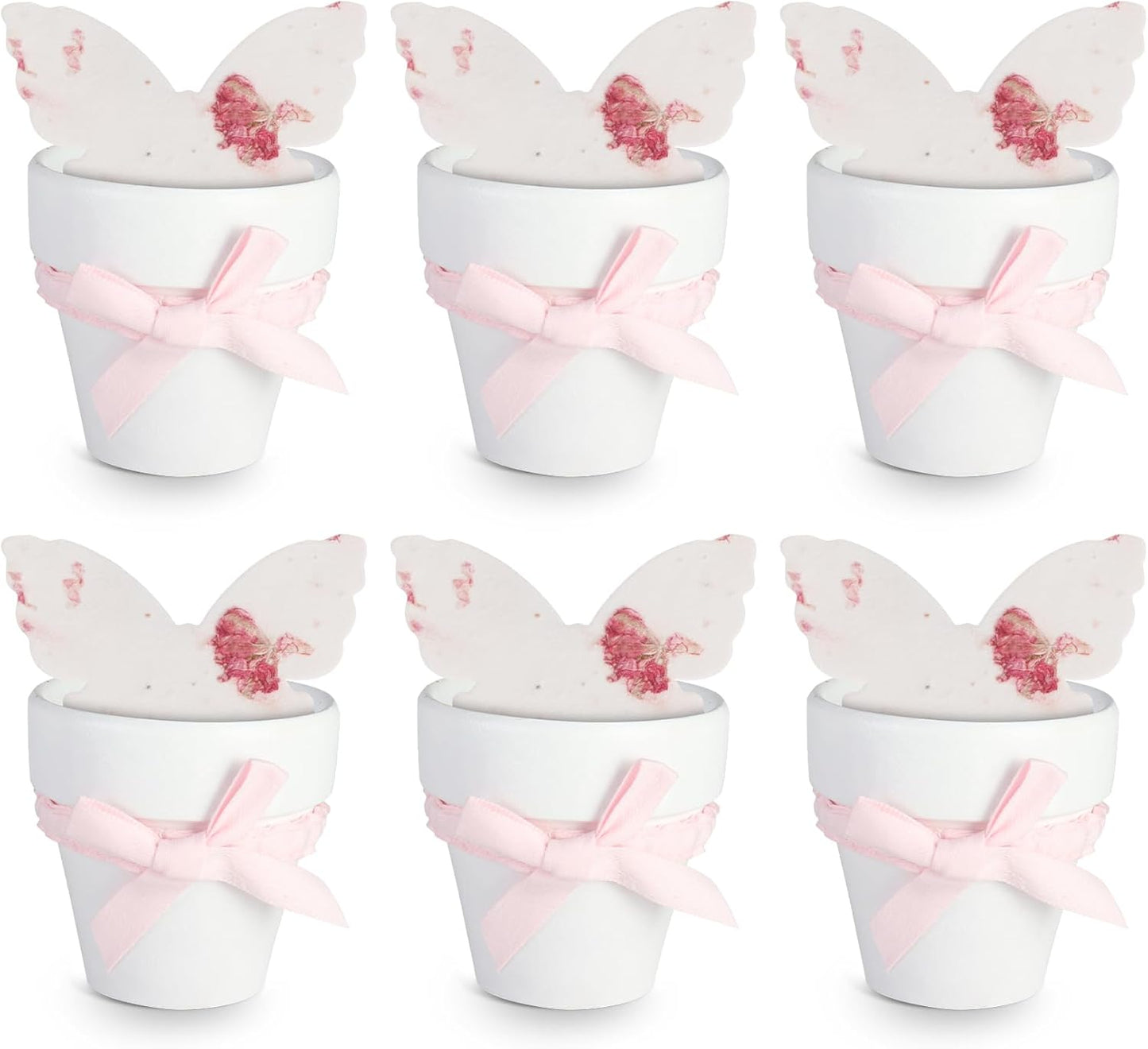 Set of 6 Seed Paper – 6 Pink Butterflies & 6 White Pots with Bow for Baby Shower, Gender Reveal, Birthday, & Other Milestone Celebrations
