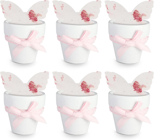 Set of 6 Seed Paper – 6 Pink Butterflies & 6 White Pots with Bow for Baby Shower, Gender Reveal, Birthday, & Other Milestone Celebrations