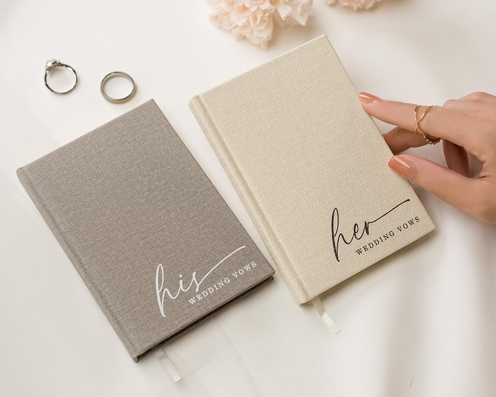 His & Her Wedding Hardcover Vows Books (Set of 2) - 5.75 x 5 Minimalist Pocket Sized Embossed Wedding Ceremony Vow Renewal Speech Notebook Journal