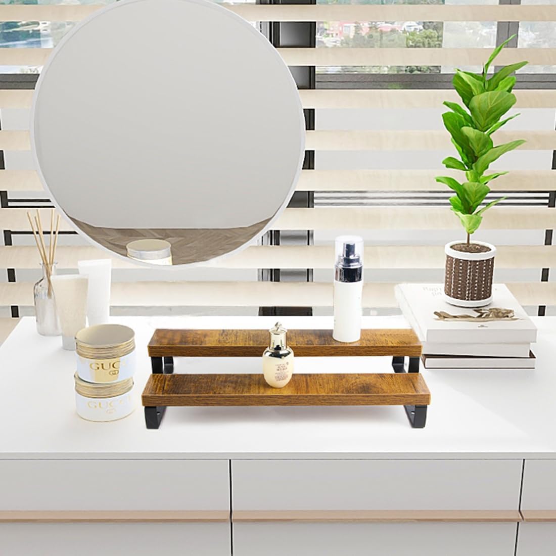 4-Tier Wooden Display Riser Shelf Stand for, Makeup, Cupcake, Condiment & Dolls Collection Home Decor Organizer, Expandable for Pantry/Counter (Brown, 2-Tier)