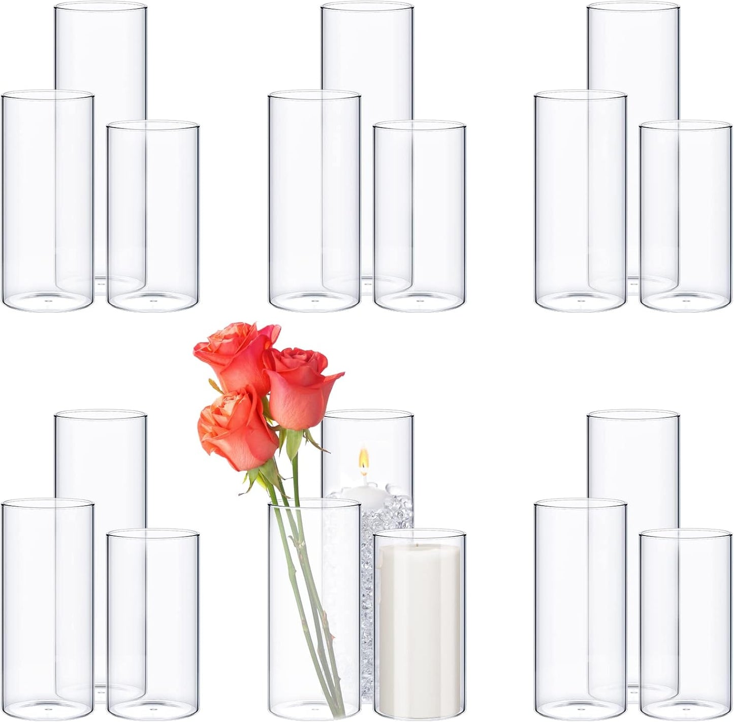 Thin Glass Cylinder Vases 2.5''/3.3'' Diameter 2mm Wall Thickness Clear Flowers Vase Hurricane Floating Candles Holders for Table Centerpieces Wedding Decor(3.3'' X 5.9'',7.9'',9.8'',18 Pcs)