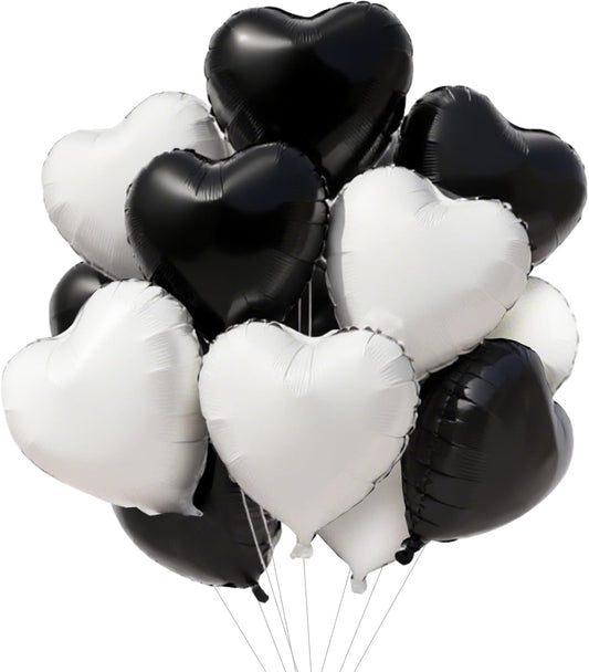 TONIFUL 15Pcs 18 Inch Black White Heart Balloons Valentine’s Day Heart Shape Foil Mylar Balloons Decoration for Romantic Valentine's Day Wedding Bridal Shower Anniversary Engagement Party Supplies