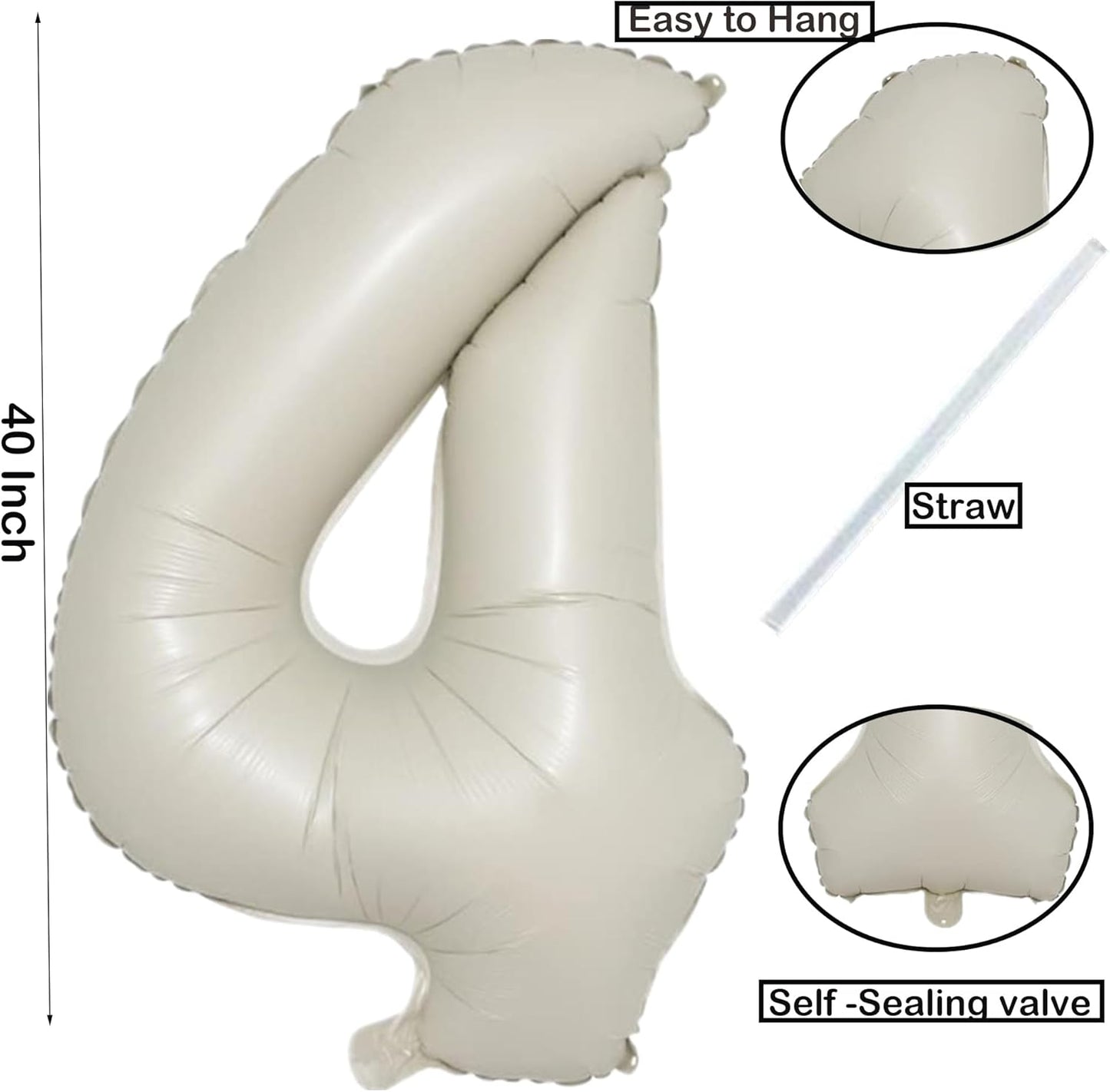 40 Inch Cream White Numbers Balloons0-9,Number 4 Digit Helium Balloons,Foil Mylar Big Number Balloons for 4th 14 Birthday Party Supplies Decorations Anniversary Wedding Supplies Decorations