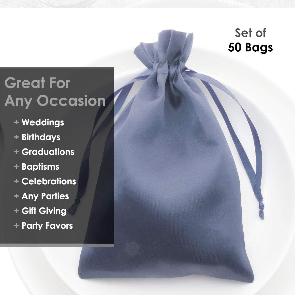 3" x 4" Silver Satin Gift Bags, Jewelry Bags, Wedding Favor Silky Drawstring Baby Shower Christmas 50 per Pack