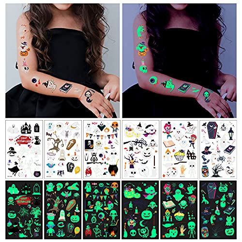 Luminous Halloween Temporary Tattoos for Kids,Bulk Halloween Party Favors-360Pcs Glow Halloween Fake Tattoos for Boys and Girls,Halloween Decorations,Games Gift Prizes for Kids,Goodie Bag Fillers