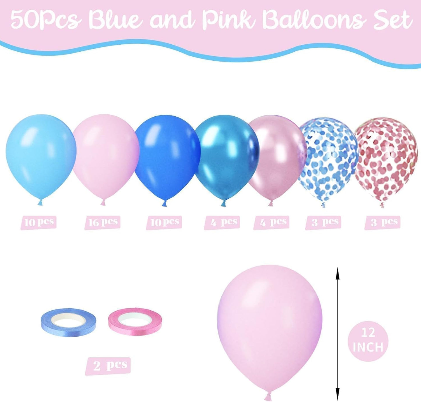 Paready Pink and Blue Balloon Set - 50Pcs 12 Inch Pastel Confetti, Royal and Metallic Balloons for Kids Girls Birthday, Baby Shower, Gender Reveal Supplies