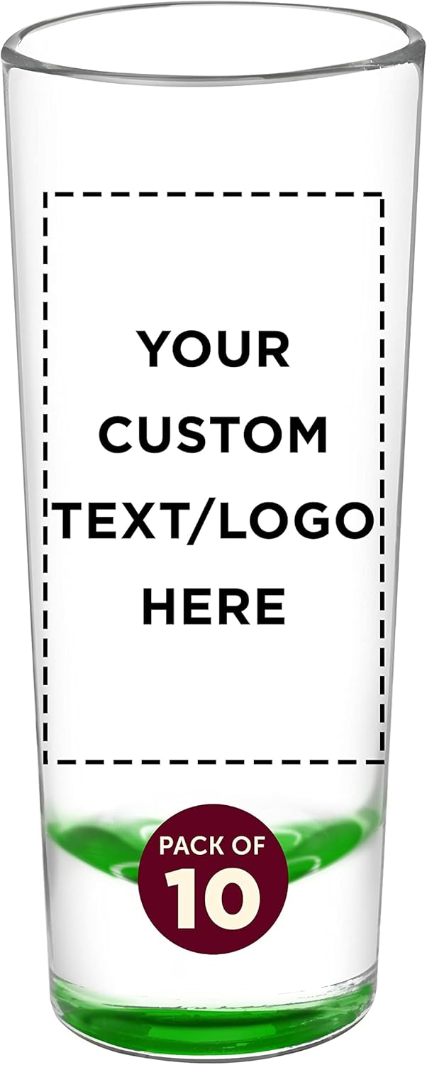 Custom Cordial Shooter Shot Glasses 2 oz. Set of 10, Personalized Bulk Pack - Great for Birthdays, Parties, Indoor & Outdoor Events - Green