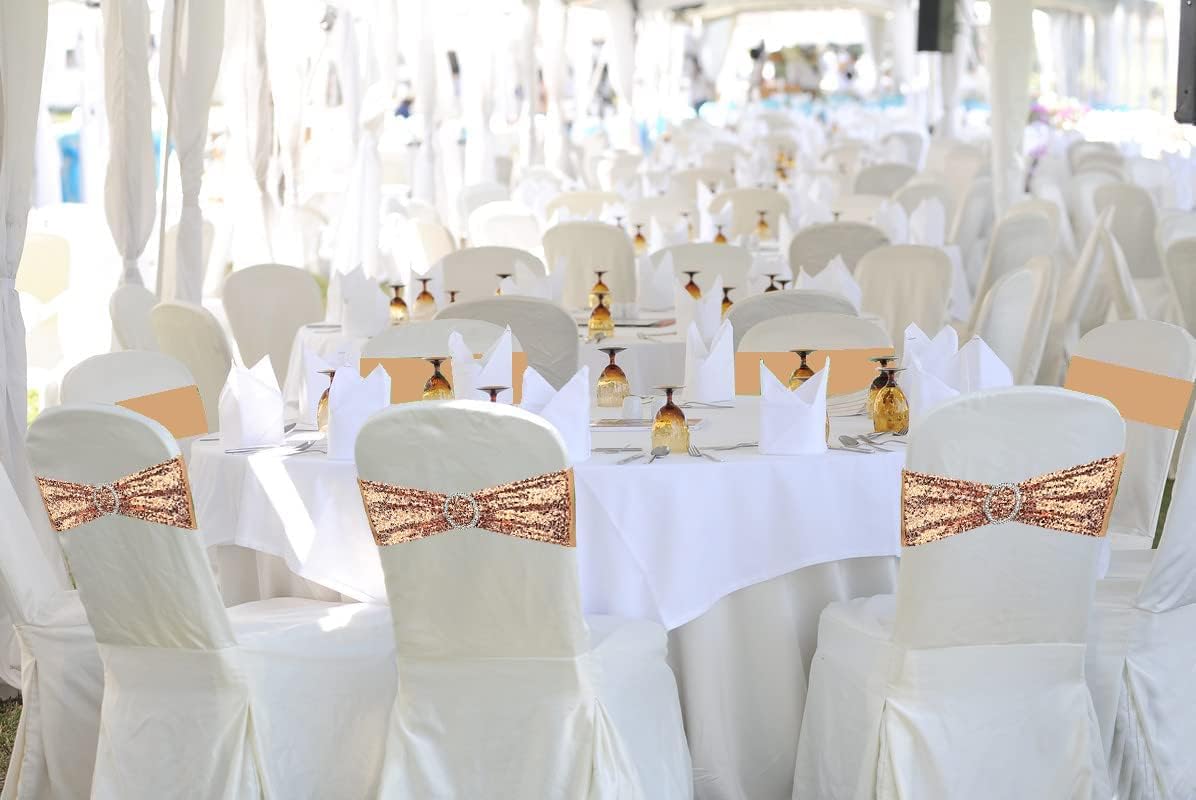 25 Pcs Chair Sashes Sequin Stretch Chair Bands Spandex Polyester Bows for Party Hotel Wedding Banquets Decoration - Rose Gold