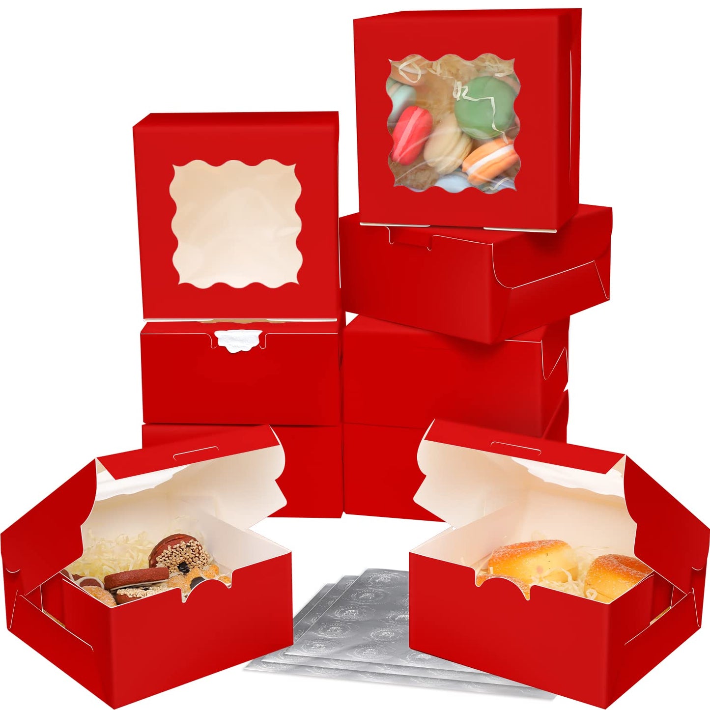 Bakepacker 60pcs Red Bakery Boxes with Window 6x6x3 inches Thick & Cookie Boxes & Sturdy Macaroon Pastry