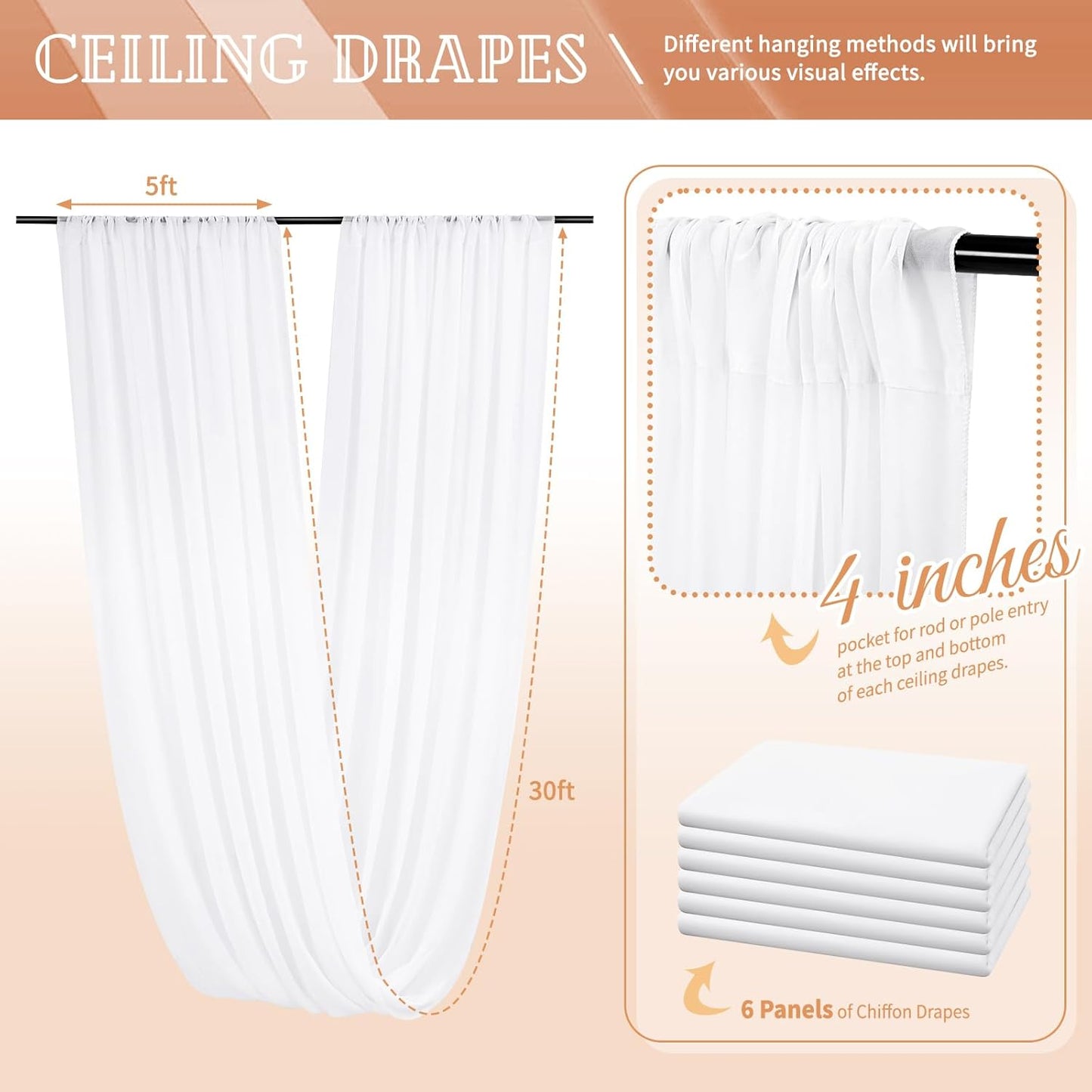 6 Panels White Ceiling Drapes 5ftx30ft Sheer Drapery Ceiling Curtains Chiffon Fabric Arch Draping for Wedding Party Ceremony Birthday Baby Shower Reception Stage Ceiling Decorations