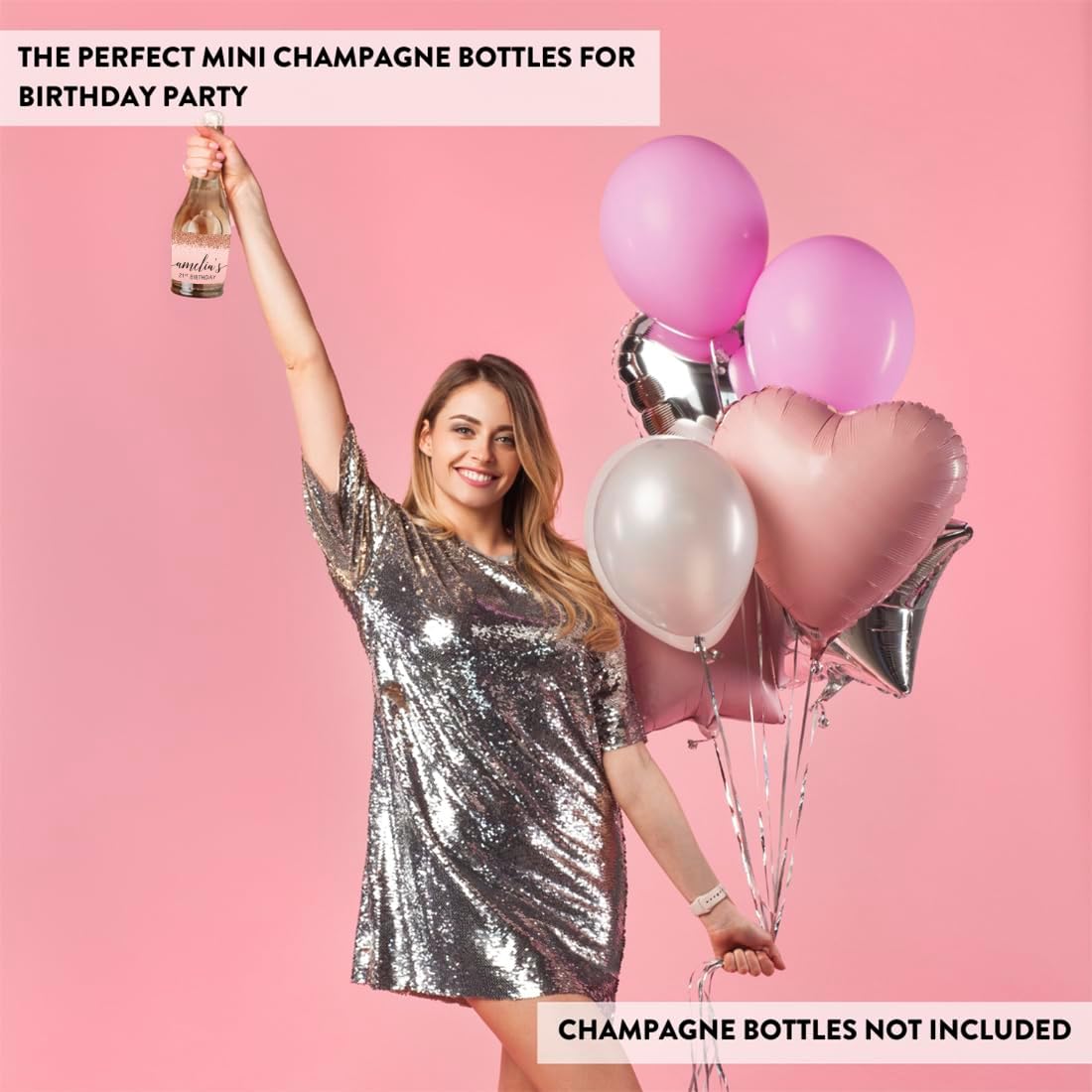 Andaz Press Personalized Mini Champagne Wine Bottle Labels, Birthday Blush Pink Faux Rose Gold Glitter Elegant, 20-Pack, Custom Champagne Bottle Labels 21St Birthday Wine Bottle Labels Birthday Labels