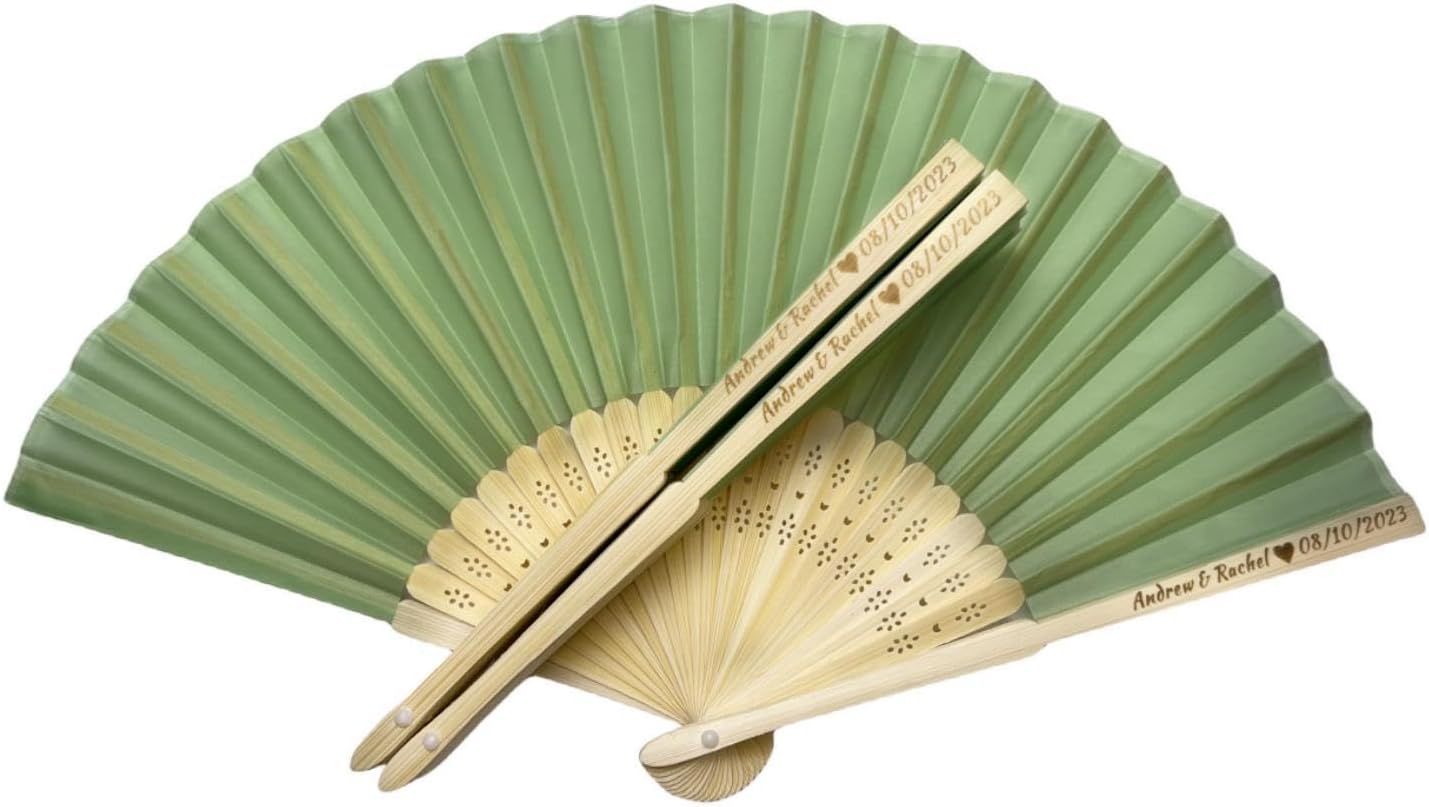 Personalized Wedding Fans Handheld Folding Fans (5Pcs) - Custom Engraved Green Silk Fans for Bridal Shower Favor/Baby Shower Favor, Birthdays Party Gifts/Gifts for Party Guests