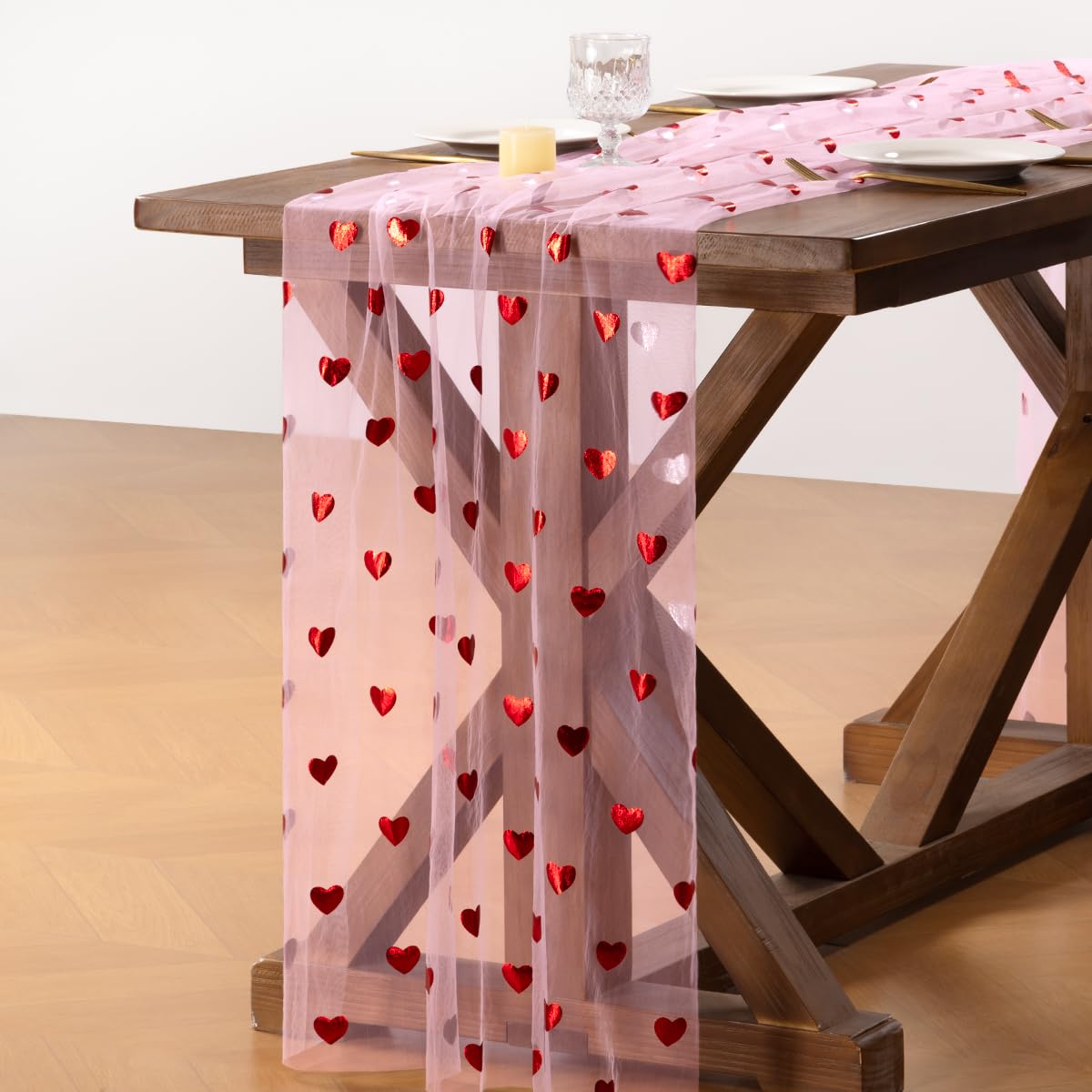 Gold Gauze Table Runner Red Heart Sheer Romantic Wedding Party Table Decor