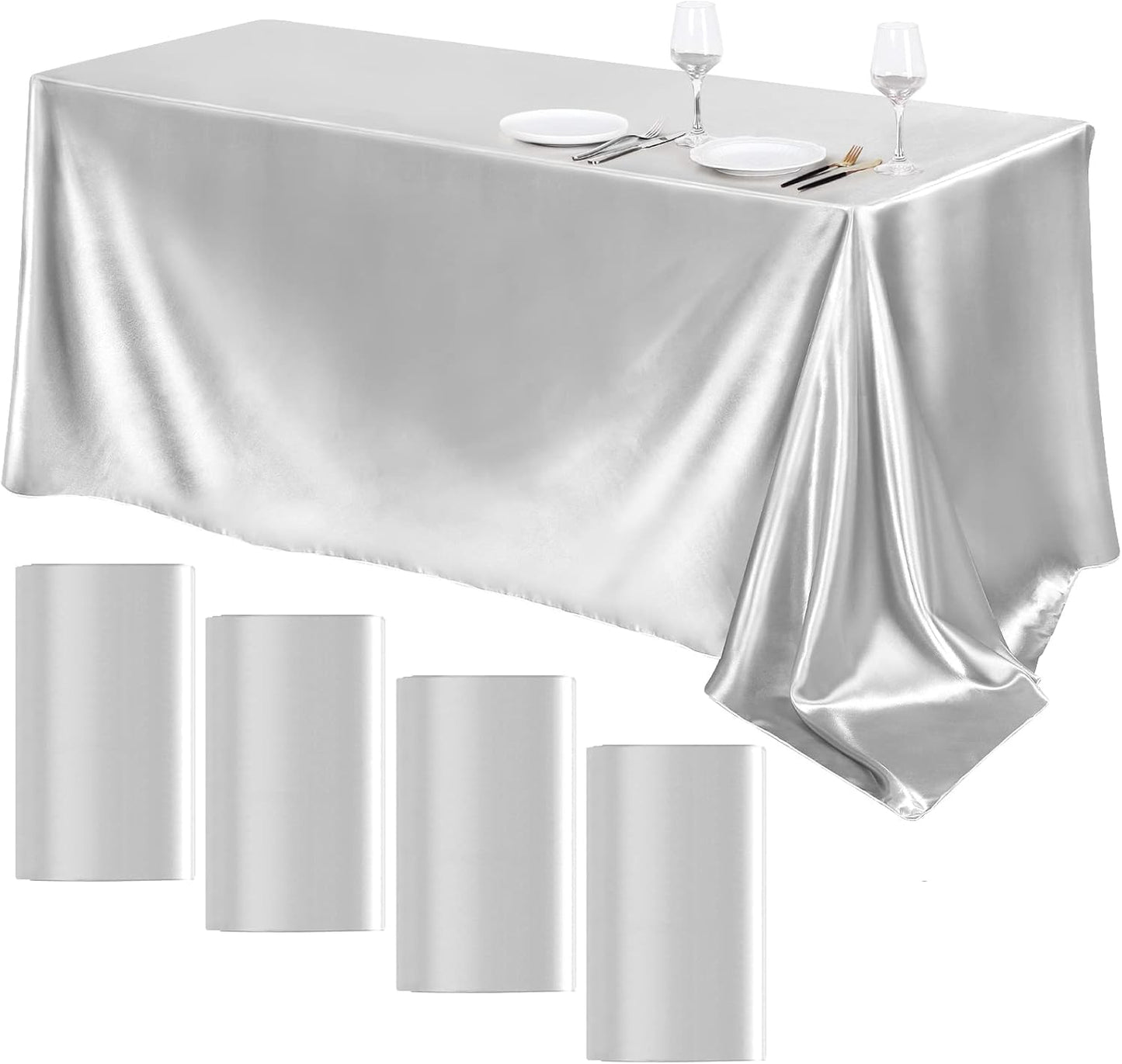 TURSTIN 4 Packs Silver Satin Tablecloth 102 x 58 Inch Overlay Satin Table Cover Rectangle Bright Silk Tablecloth Smooth Fabric Table Decoration for Wedding Banquet Party Events