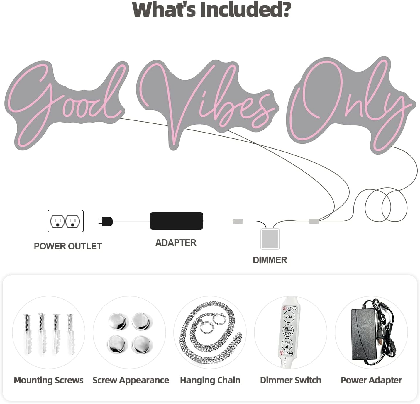 Good Vibes Only Neon Signs for Wall Decor -56.57" x 13.5" Pink large Neon Sign LED Art Decorative Lights with Dimmable for Bedroom Home, Club Bar and Party Decor