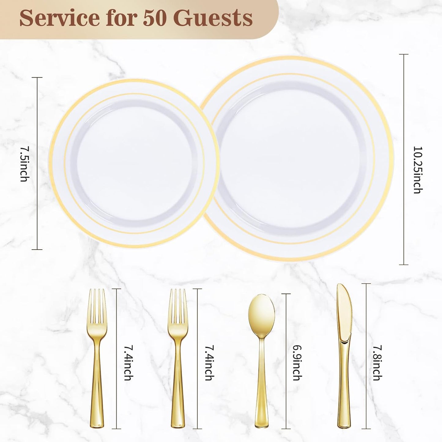 300PCS Gold Plastic Plate Set (50 Guests), Plastic Plates for Party Wedding Birthday, Disposable Dinnerware Set of 100 Plates, 100 Forks, 50 Spoons, 50 Knives for Christmas, Thanksgiving
