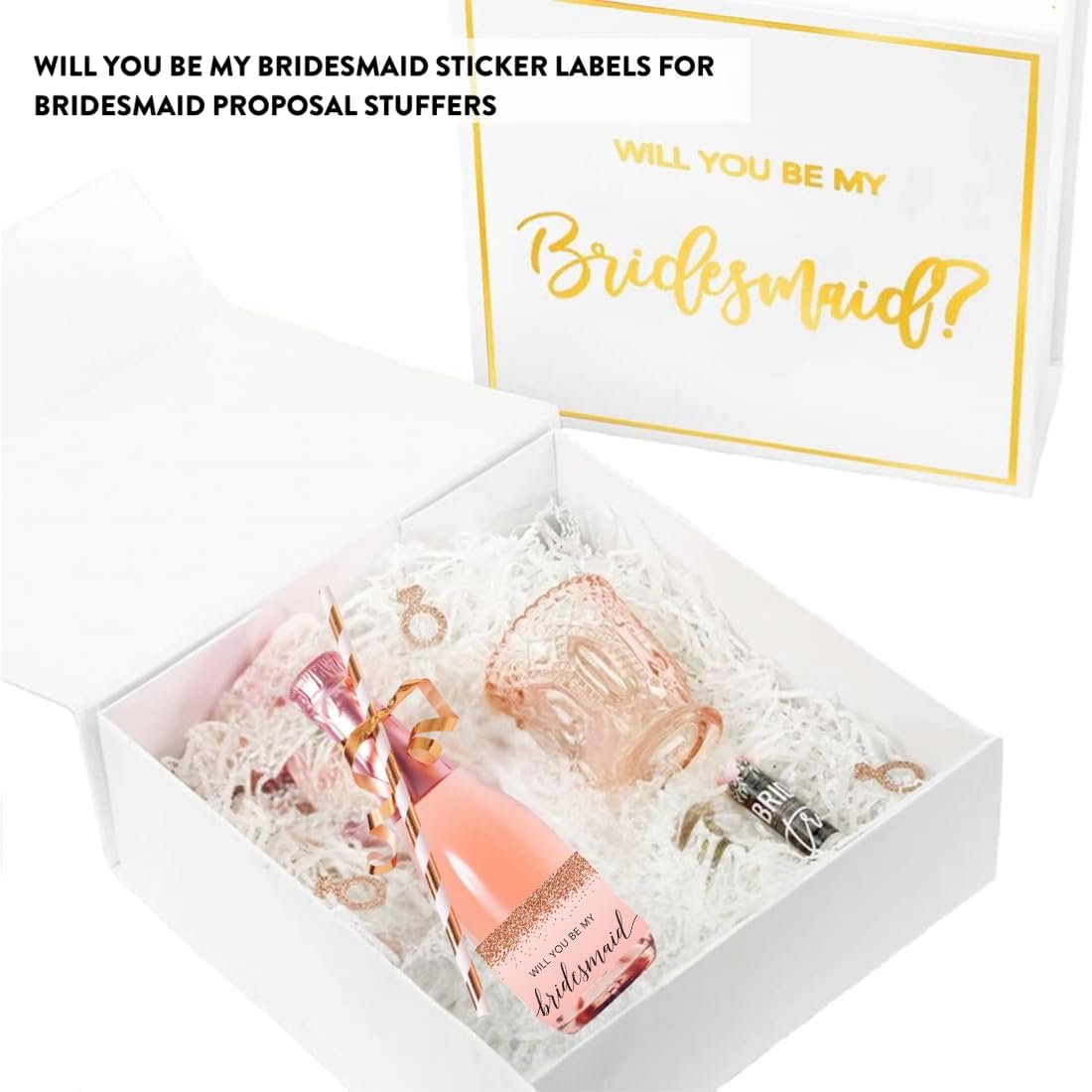 Andaz Press Mini Champagne Wine Bottle Proposal Labels - Will You Be My Bridesmaid? Matron Maid of Honor? - Blush Pink Faux Rose Gold Glitter 20-Pack Stickers