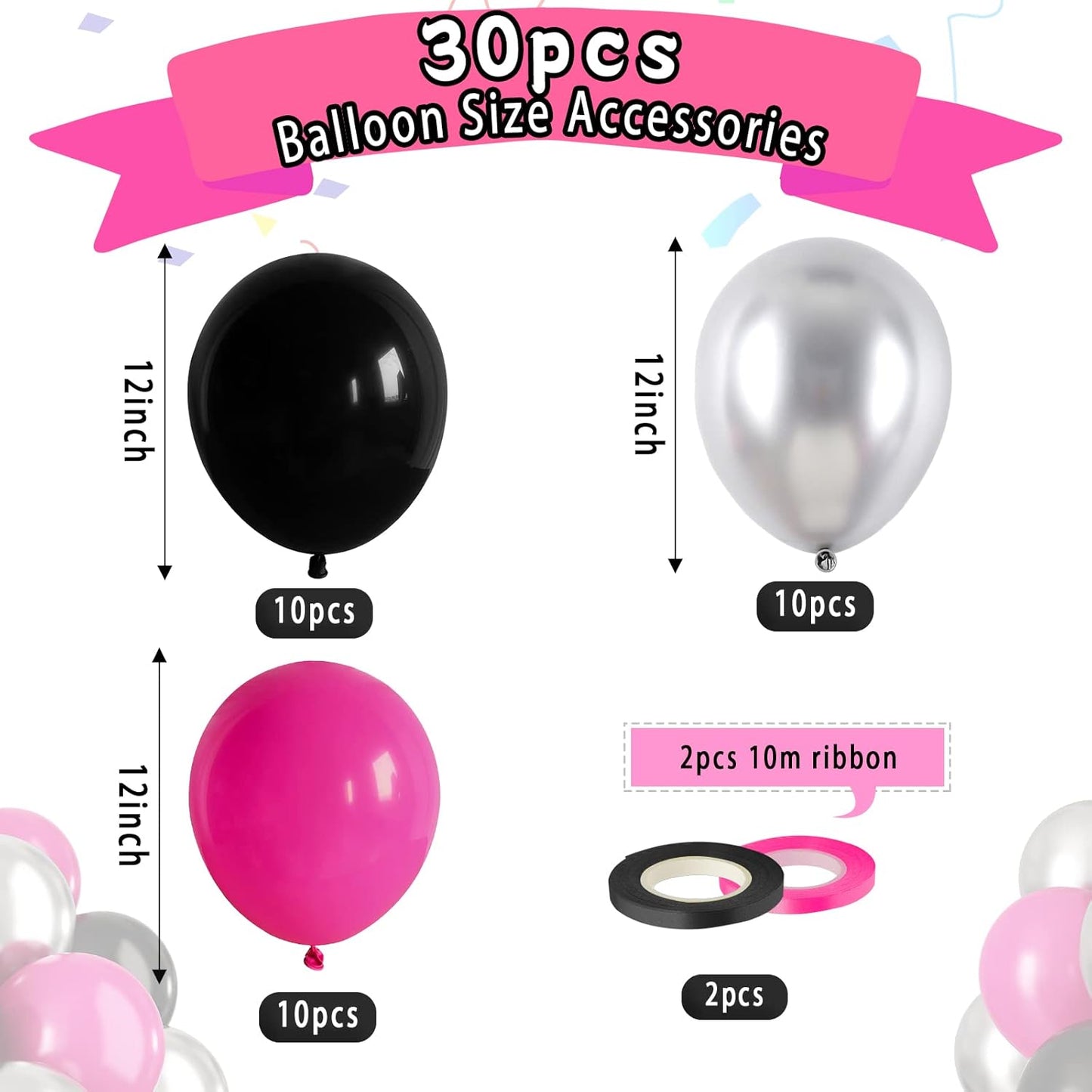 Paready Hot Pink and Black Balloons, 30 Pcs 12 Inch Black Hot Pink and Silver Latex Balloons with Ribbons for Girls Birthday Engagement Anniversary Wedding Bridal Shower Party Graduation Decoration