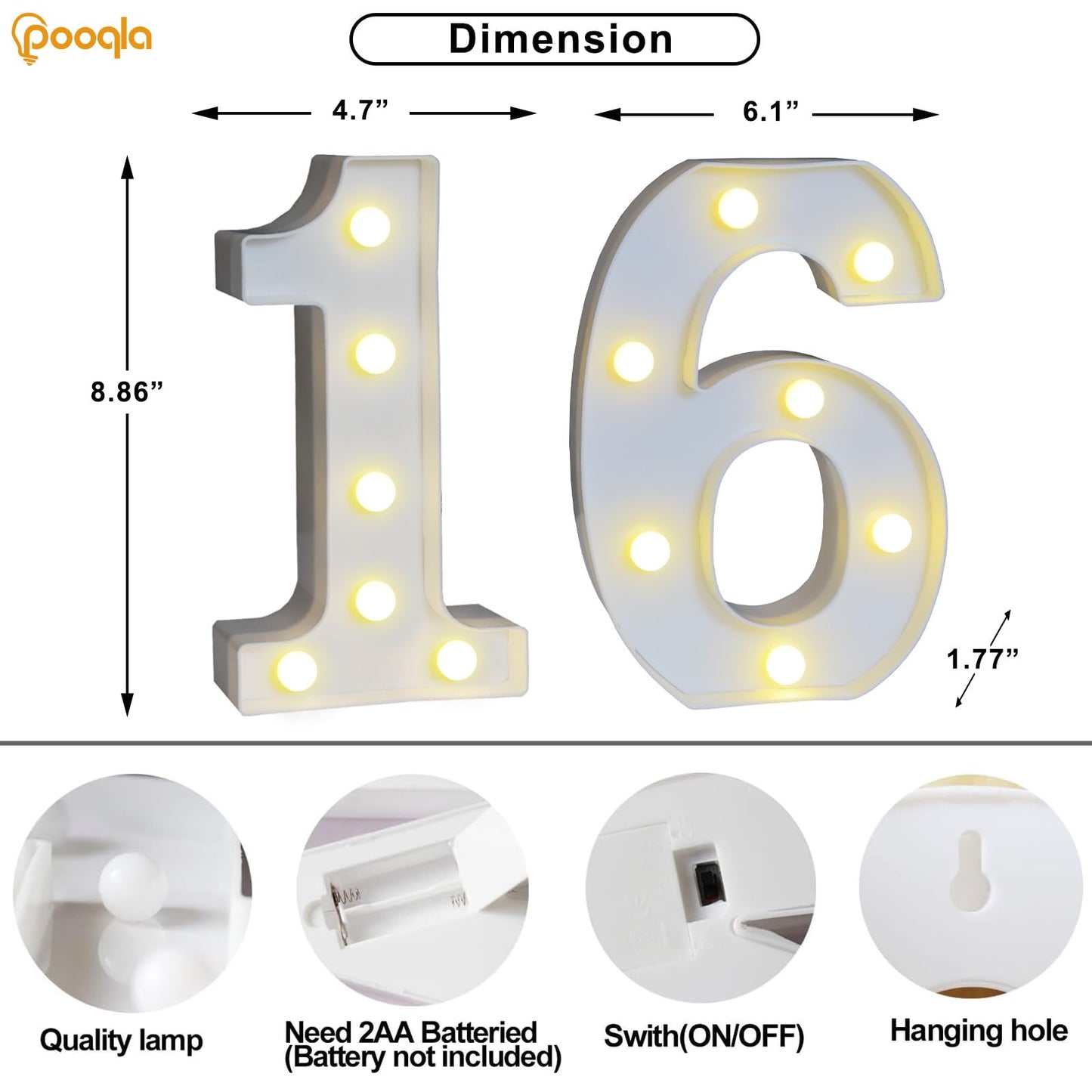 Pooqla Decorative Led Light Up Number Letters, White Plastic Marquee Number Lights Sign 16th