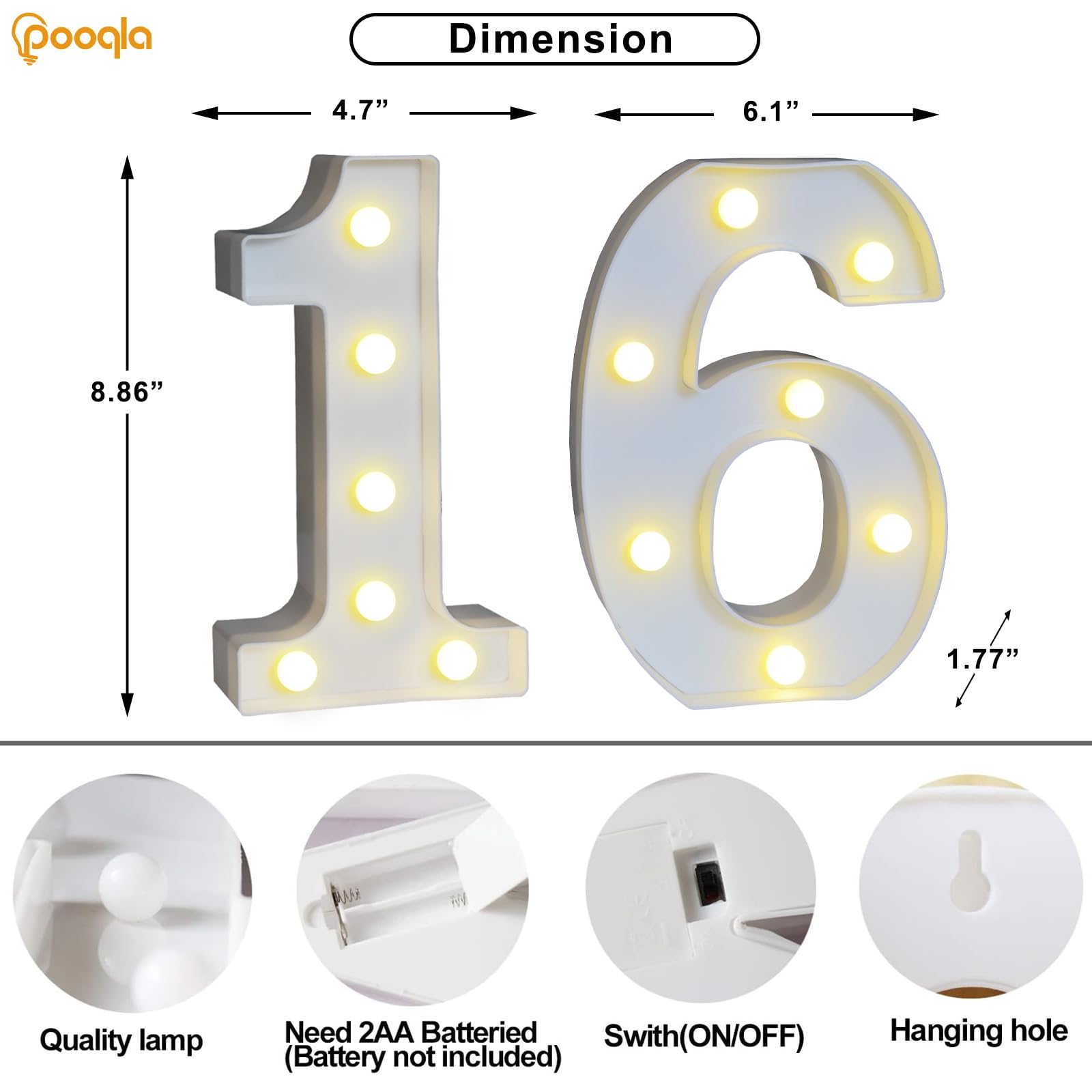 Pooqla Decorative Led Light Up Number Letters, White Plastic Marquee Number Lights Sign 16th