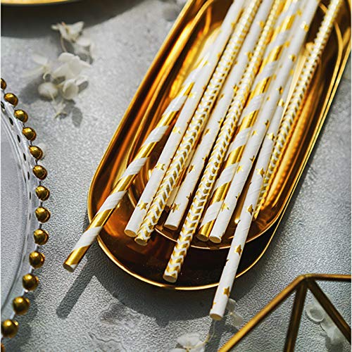 ALINK Biodegradable Gold Paper Straws Bulk, Pack of 100 Metallic Foil Striped/Wave/Heart/Star